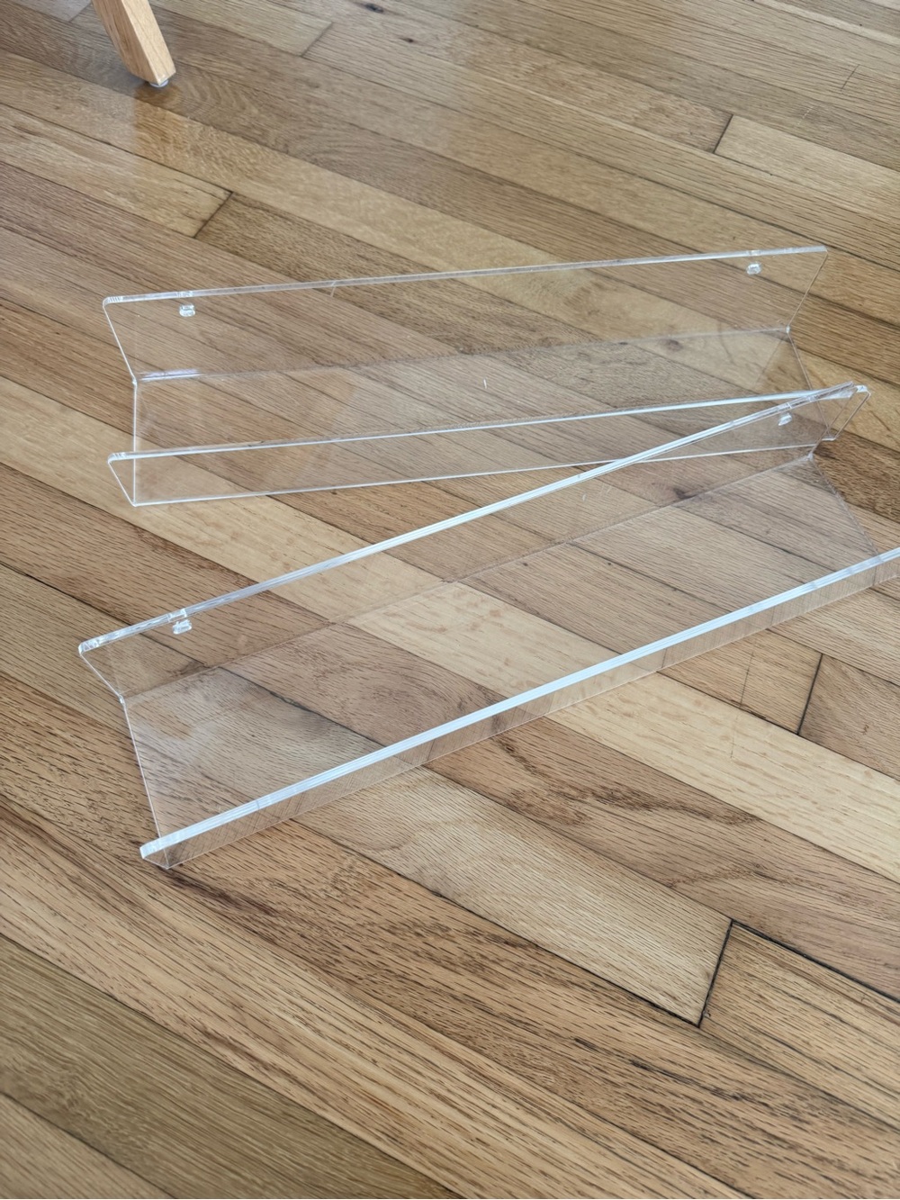 Set of 2 Clear acrylic shelves 16 1/2” w x 4” D x 2 1/2” H